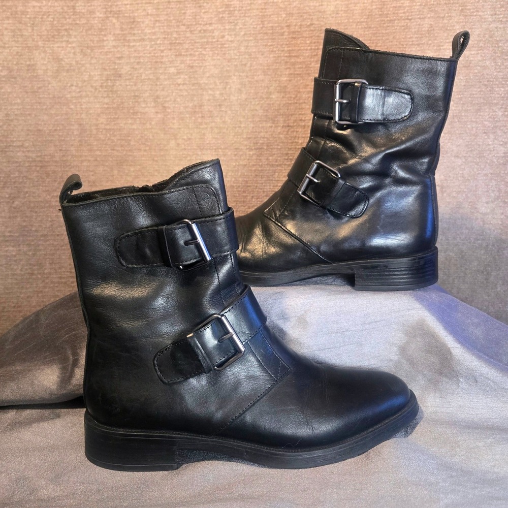 Emanuele Crasto Black Leather Motorcycle Combat Boots Made‎ In Italy Size 39/8.5